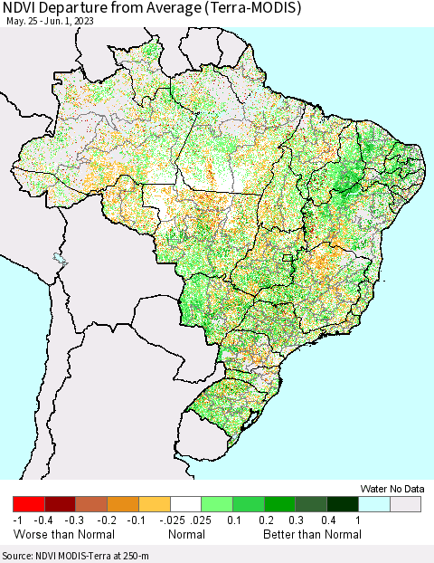 Brazil NDVI Departure from Average (Terra-MODIS) Thematic Map For 5/25/2023 - 6/1/2023