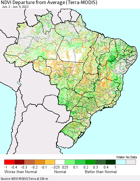 Brazil NDVI Departure from Average (Terra-MODIS) Thematic Map For 6/2/2023 - 6/9/2023