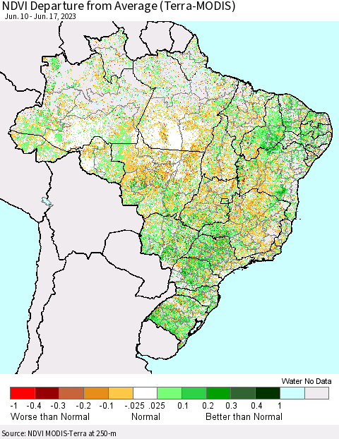 Brazil NDVI Departure from Average (Terra-MODIS) Thematic Map For 6/10/2023 - 6/17/2023