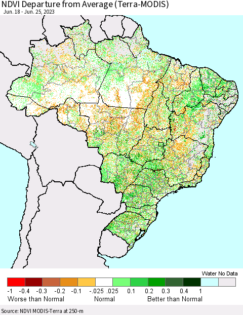 Brazil NDVI Departure from Average (Terra-MODIS) Thematic Map For 6/18/2023 - 6/25/2023