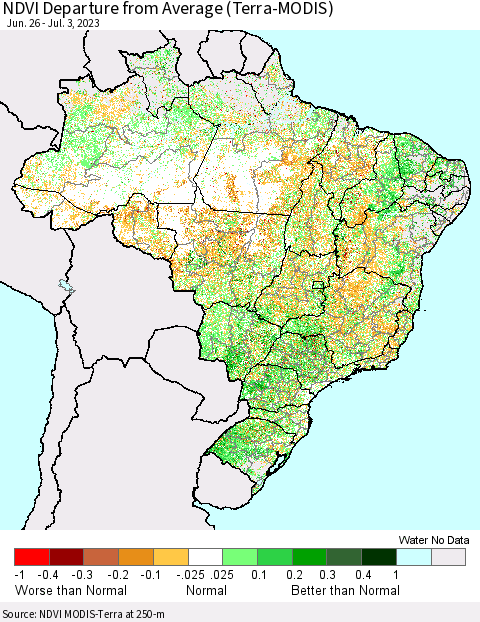 Brazil NDVI Departure from Average (Terra-MODIS) Thematic Map For 6/26/2023 - 7/3/2023
