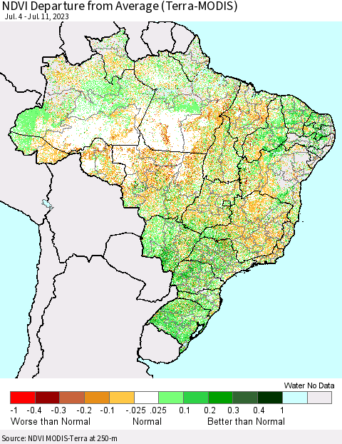 Brazil NDVI Departure from Average (Terra-MODIS) Thematic Map For 7/4/2023 - 7/11/2023