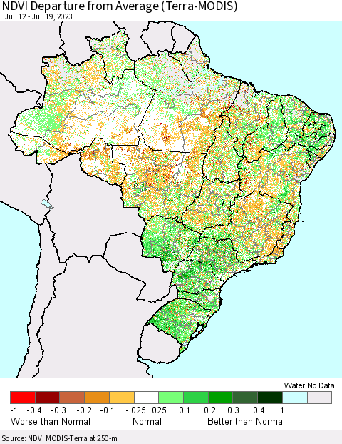 Brazil NDVI Departure from Average (Terra-MODIS) Thematic Map For 7/12/2023 - 7/19/2023
