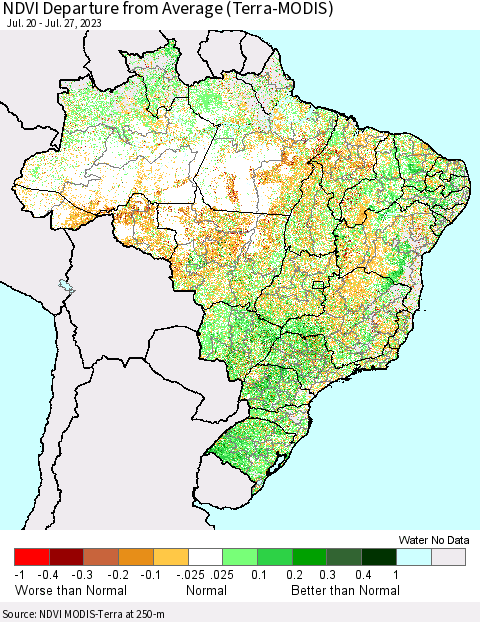 Brazil NDVI Departure from Average (Terra-MODIS) Thematic Map For 7/20/2023 - 7/27/2023