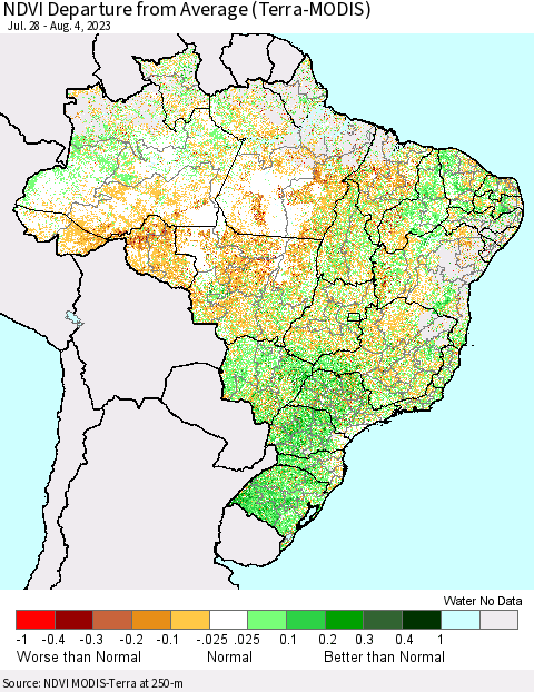 Brazil NDVI Departure from Average (Terra-MODIS) Thematic Map For 7/28/2023 - 8/4/2023