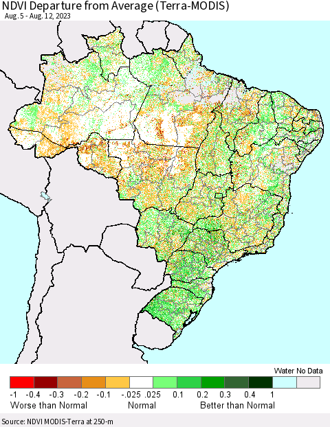 Brazil NDVI Departure from Average (Terra-MODIS) Thematic Map For 8/5/2023 - 8/12/2023