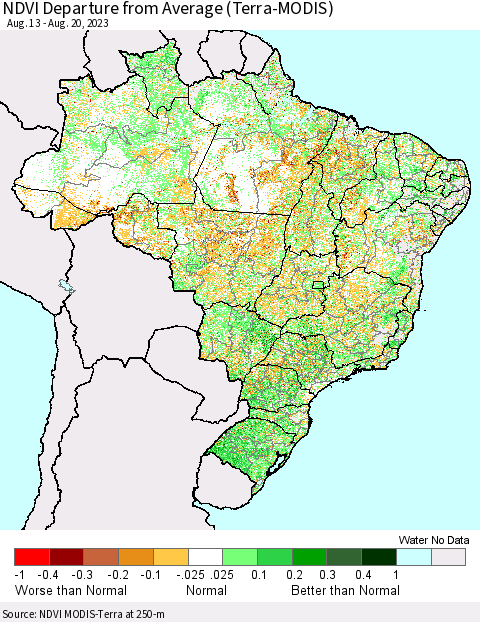 Brazil NDVI Departure from Average (Terra-MODIS) Thematic Map For 8/13/2023 - 8/20/2023