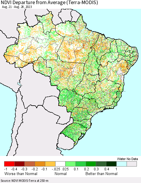 Brazil NDVI Departure from Average (Terra-MODIS) Thematic Map For 8/21/2023 - 8/28/2023