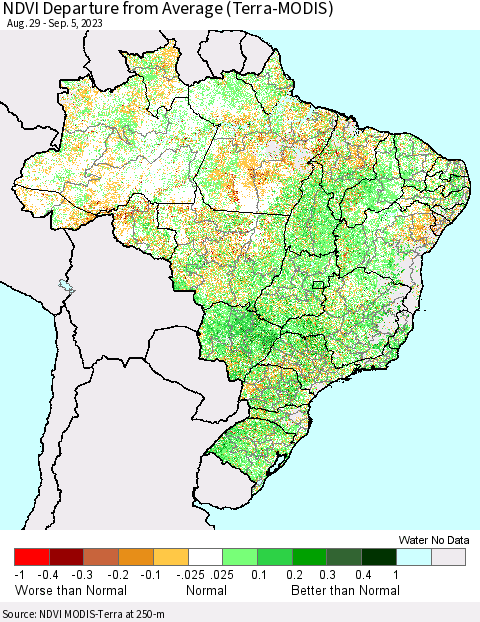Brazil NDVI Departure from Average (Terra-MODIS) Thematic Map For 8/29/2023 - 9/5/2023