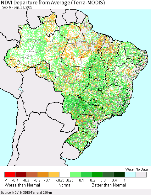 Brazil NDVI Departure from Average (Terra-MODIS) Thematic Map For 9/6/2023 - 9/13/2023