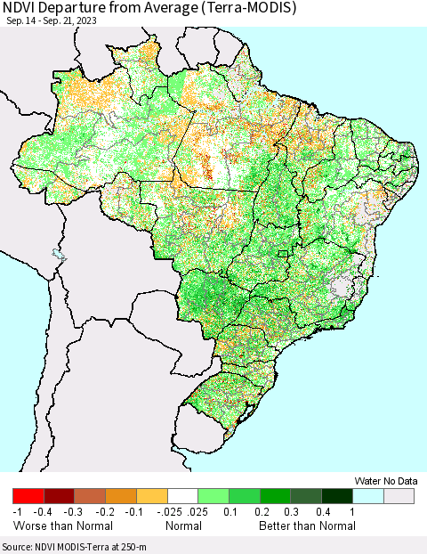 Brazil NDVI Departure from Average (Terra-MODIS) Thematic Map For 9/14/2023 - 9/21/2023