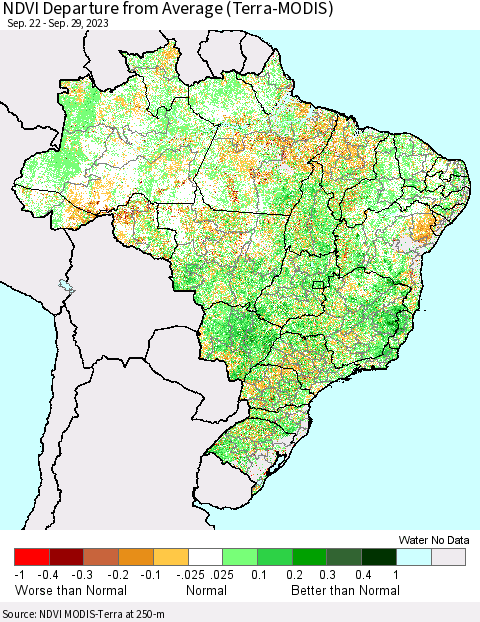 Brazil NDVI Departure from Average (Terra-MODIS) Thematic Map For 9/22/2023 - 9/29/2023