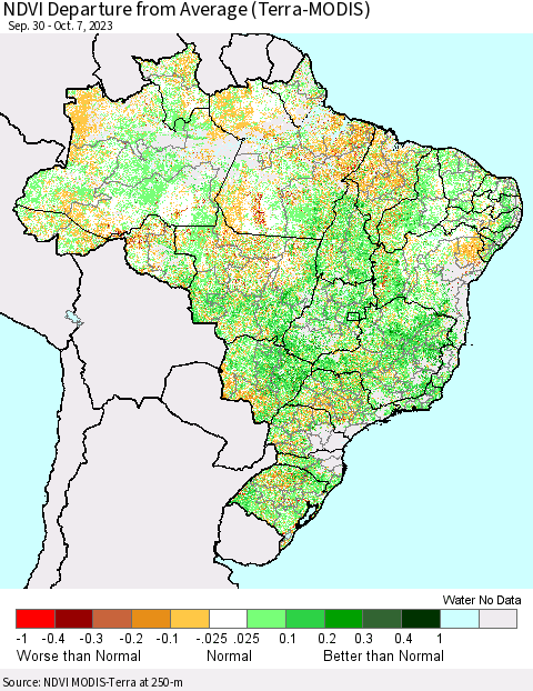 Brazil NDVI Departure from Average (Terra-MODIS) Thematic Map For 9/30/2023 - 10/7/2023