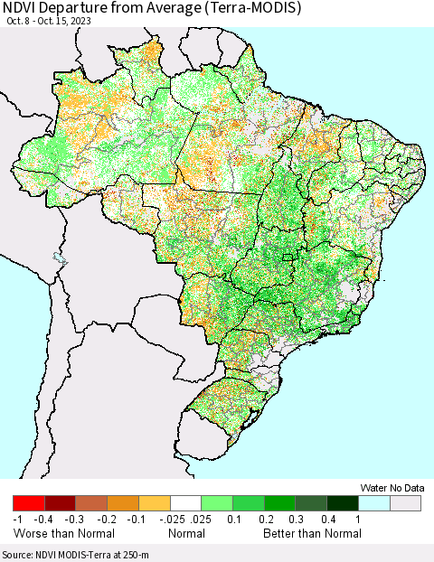 Brazil NDVI Departure from Average (Terra-MODIS) Thematic Map For 10/8/2023 - 10/15/2023