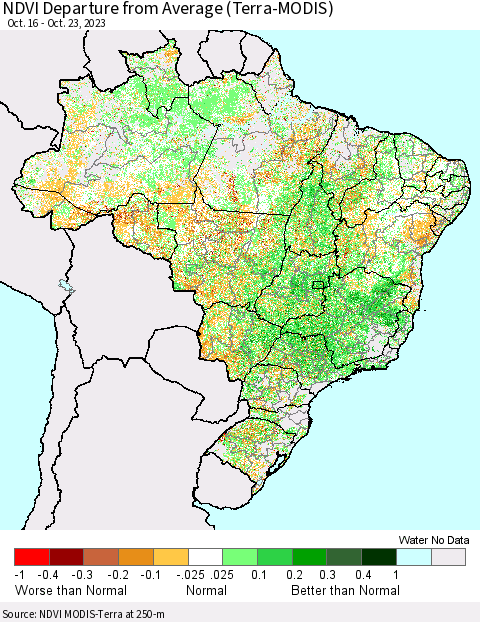 Brazil NDVI Departure from Average (Terra-MODIS) Thematic Map For 10/16/2023 - 10/23/2023