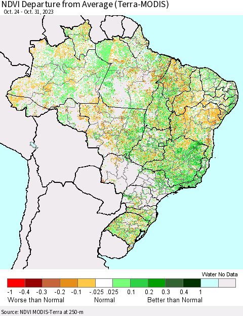 Brazil NDVI Departure from Average (Terra-MODIS) Thematic Map For 10/24/2023 - 10/31/2023