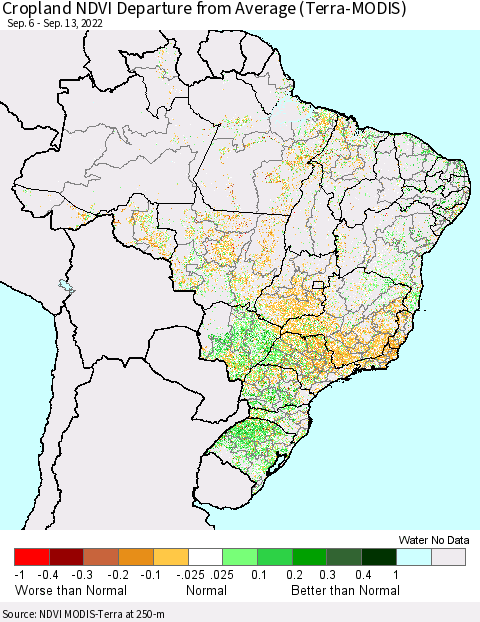 Brazil Cropland NDVI Departure from Average (Terra-MODIS) Thematic Map For 9/6/2022 - 9/13/2022