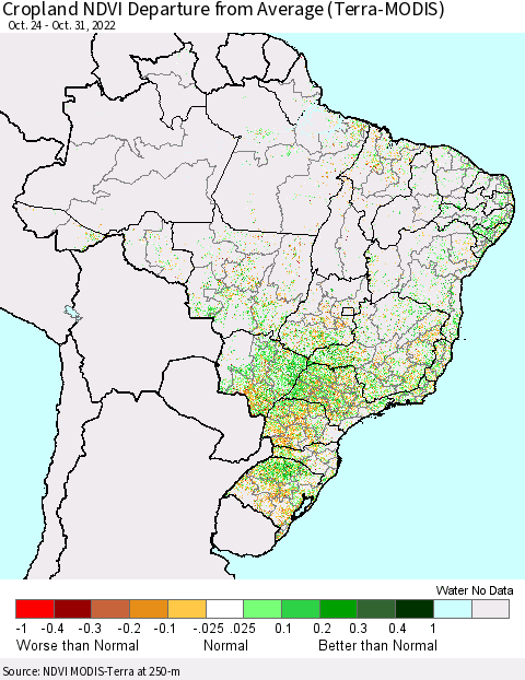 Brazil Cropland NDVI Departure from Average (Terra-MODIS) Thematic Map For 10/24/2022 - 10/31/2022