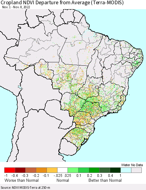 Brazil Cropland NDVI Departure from Average (Terra-MODIS) Thematic Map For 11/1/2022 - 11/8/2022