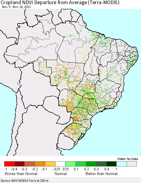 Brazil Cropland NDVI Departure from Average (Terra-MODIS) Thematic Map For 11/9/2022 - 11/16/2022