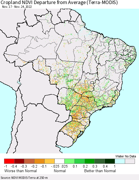 Brazil Cropland NDVI Departure from Average (Terra-MODIS) Thematic Map For 11/17/2022 - 11/24/2022