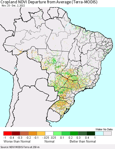 Brazil Cropland NDVI Departure from Average (Terra-MODIS) Thematic Map For 11/25/2022 - 12/2/2022