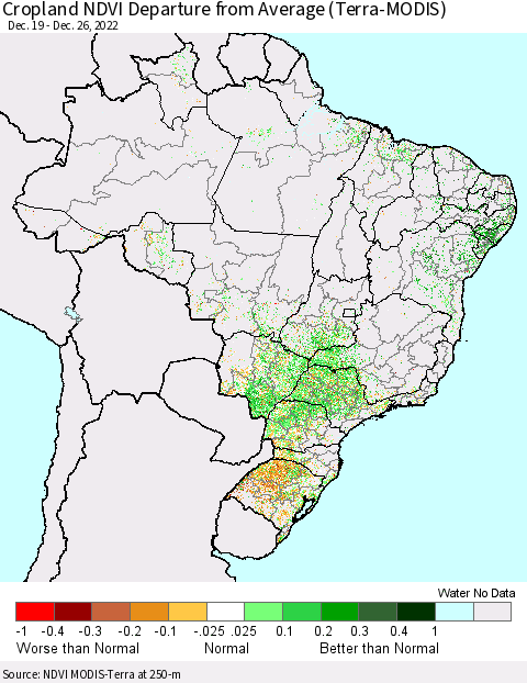 Brazil Cropland NDVI Departure from Average (Terra-MODIS) Thematic Map For 12/19/2022 - 12/26/2022