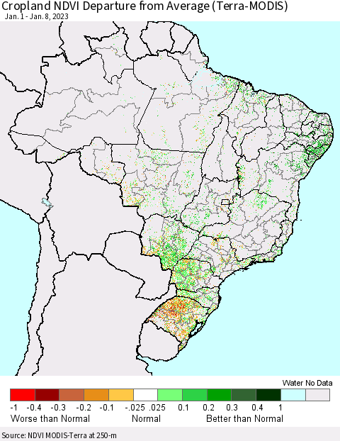 Brazil Cropland NDVI Departure from Average (Terra-MODIS) Thematic Map For 1/1/2023 - 1/8/2023