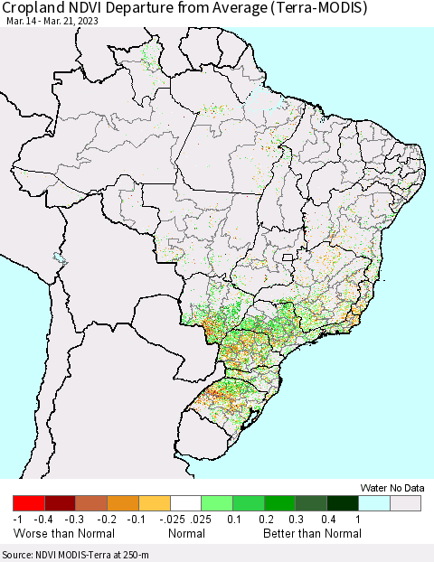 Brazil Cropland NDVI Departure from Average (Terra-MODIS) Thematic Map For 3/14/2023 - 3/21/2023