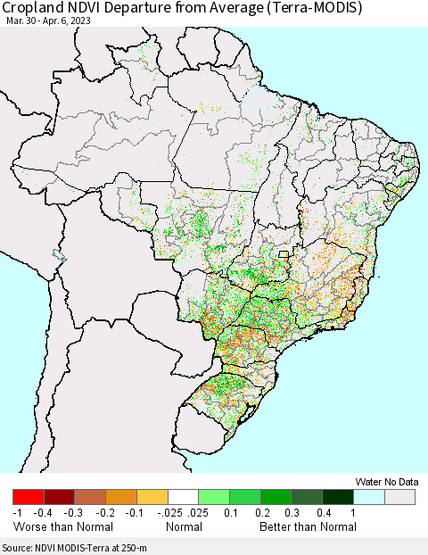 Brazil Cropland NDVI Departure from Average (Terra-MODIS) Thematic Map For 3/30/2023 - 4/6/2023