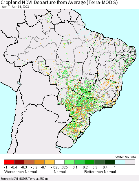 Brazil Cropland NDVI Departure from Average (Terra-MODIS) Thematic Map For 4/7/2023 - 4/14/2023