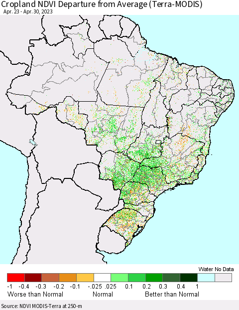 Brazil Cropland NDVI Departure from Average (Terra-MODIS) Thematic Map For 4/23/2023 - 4/30/2023