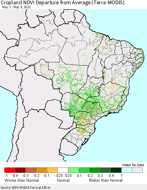 Brazil Cropland NDVI Departure from Average (Terra-MODIS) Thematic Map For 5/1/2023 - 5/8/2023