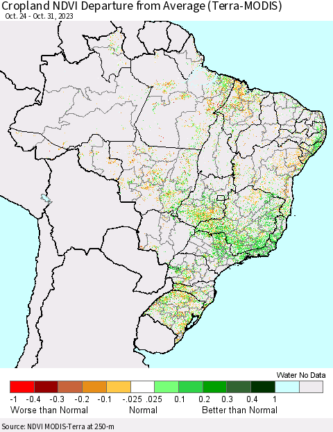 Brazil Cropland NDVI Departure from Average (Terra-MODIS) Thematic Map For 10/24/2023 - 10/31/2023