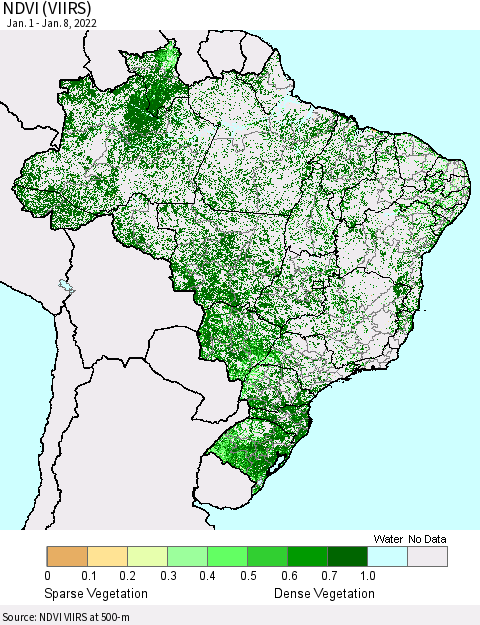 Brazil NDVI (VIIRS) Thematic Map For 1/1/2022 - 1/8/2022