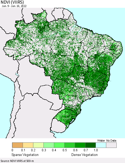 Brazil NDVI (VIIRS) Thematic Map For 1/9/2022 - 1/16/2022