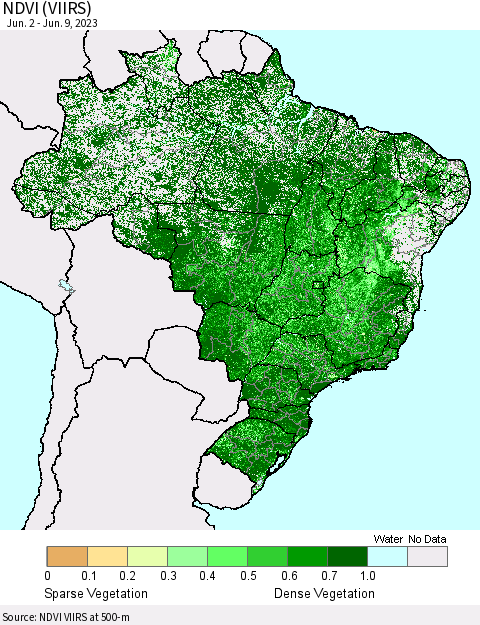 Brazil NDVI (VIIRS) Thematic Map For 6/2/2023 - 6/9/2023