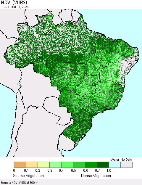 Brazil NDVI (VIIRS) Thematic Map For 7/4/2023 - 7/11/2023