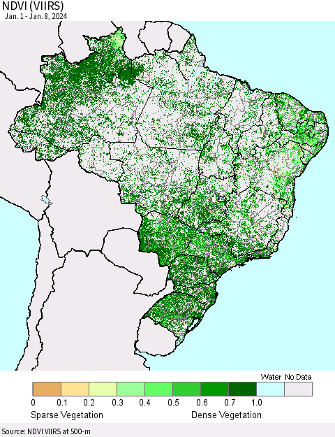 Brazil NDVI (VIIRS) Thematic Map For 1/1/2024 - 1/8/2024