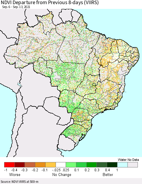 Brazil NDVI Departure from Previous 8-days (VIIRS) Thematic Map For 9/6/2021 - 9/13/2021