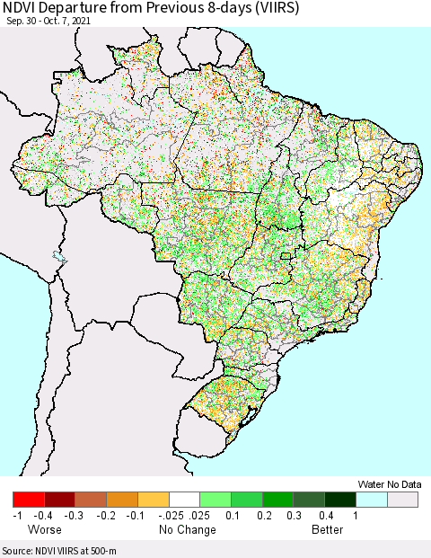 Brazil NDVI Departure from Previous 8-days (VIIRS) Thematic Map For 9/30/2021 - 10/7/2021