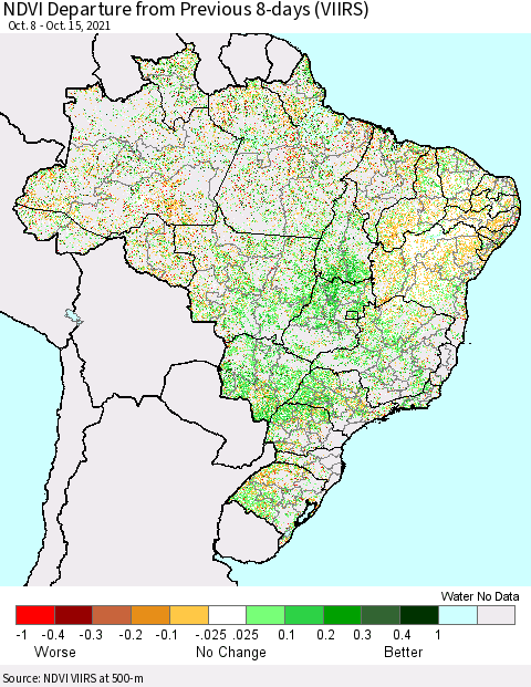 Brazil NDVI Departure from Previous 8-days (VIIRS) Thematic Map For 10/8/2021 - 10/15/2021