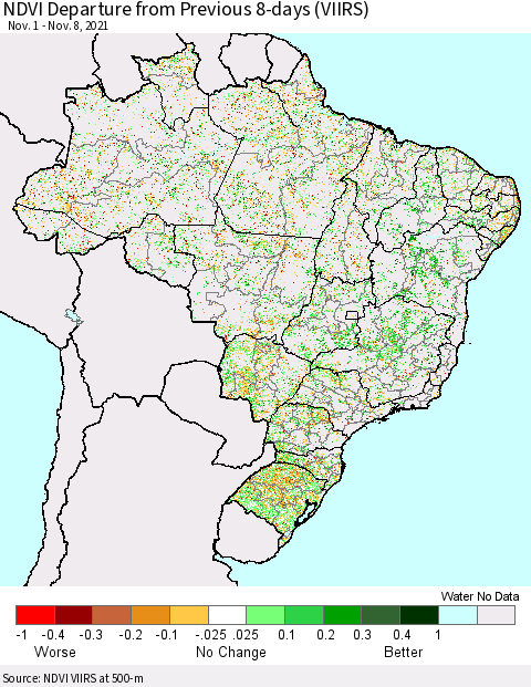 Brazil NDVI Departure from Previous 8-days (VIIRS) Thematic Map For 11/1/2021 - 11/8/2021