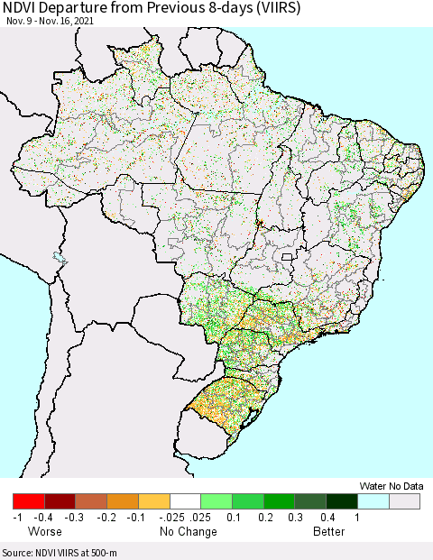 Brazil NDVI Departure from Previous 8-days (VIIRS) Thematic Map For 11/9/2021 - 11/16/2021