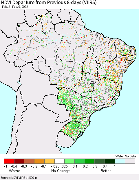 Brazil NDVI Departure from Previous 8-days (VIIRS) Thematic Map For 2/2/2022 - 2/9/2022