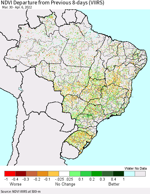 Brazil NDVI Departure from Previous 8-days (VIIRS) Thematic Map For 3/30/2022 - 4/6/2022