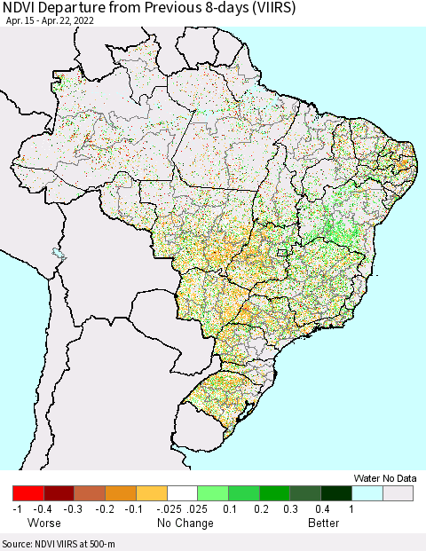 Brazil NDVI Departure from Previous 8-days (VIIRS) Thematic Map For 4/15/2022 - 4/22/2022