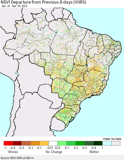 Brazil NDVI Departure from Previous 8-days (VIIRS) Thematic Map For 4/23/2022 - 4/30/2022