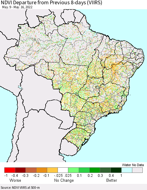 Brazil NDVI Departure from Previous 8-days (VIIRS) Thematic Map For 5/9/2022 - 5/16/2022