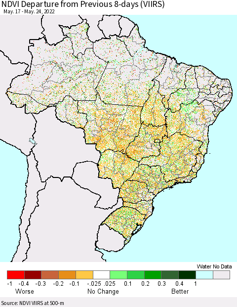 Brazil NDVI Departure from Previous 8-days (VIIRS) Thematic Map For 5/17/2022 - 5/24/2022